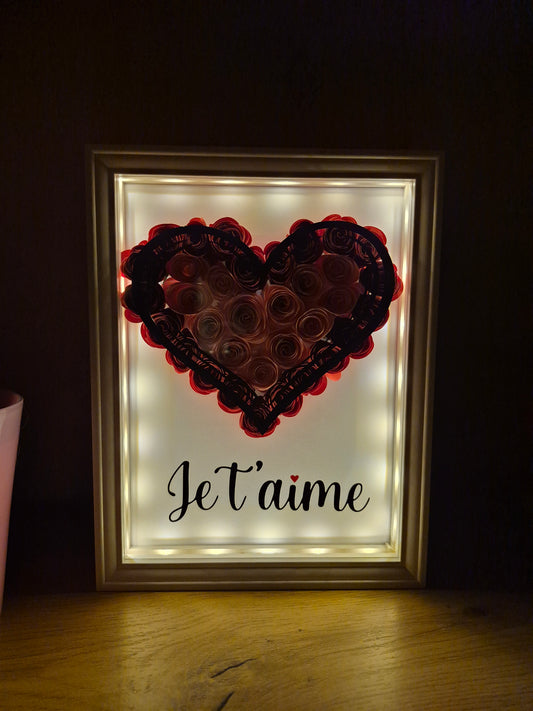 Cadre lumineux personnalisé – Cœur fleuri & message au choix