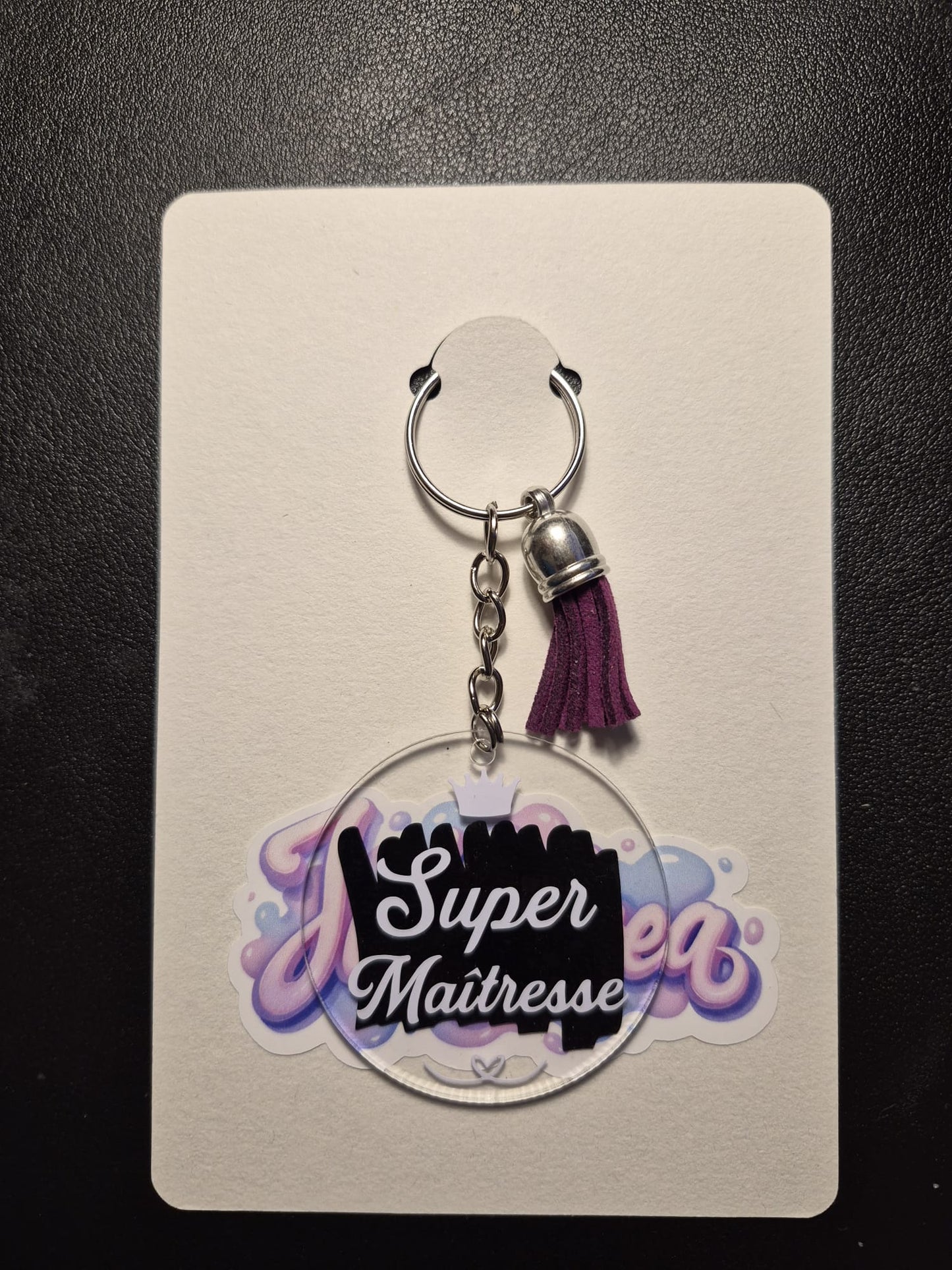 Porte-clés acrylique personnalisé avec texte et pampille assortie, idée cadeau maîtresse