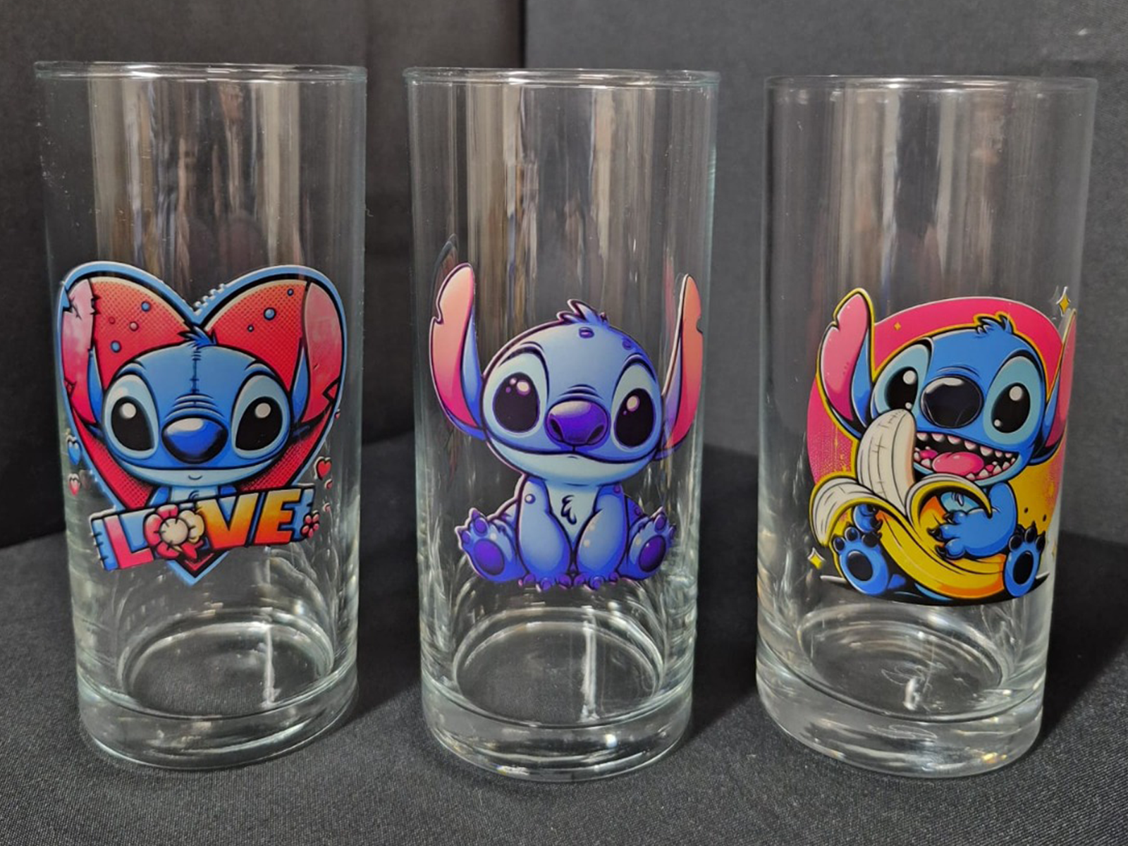 Lot de 3 verres personnalisés Stitch avec stickers colorés au choix